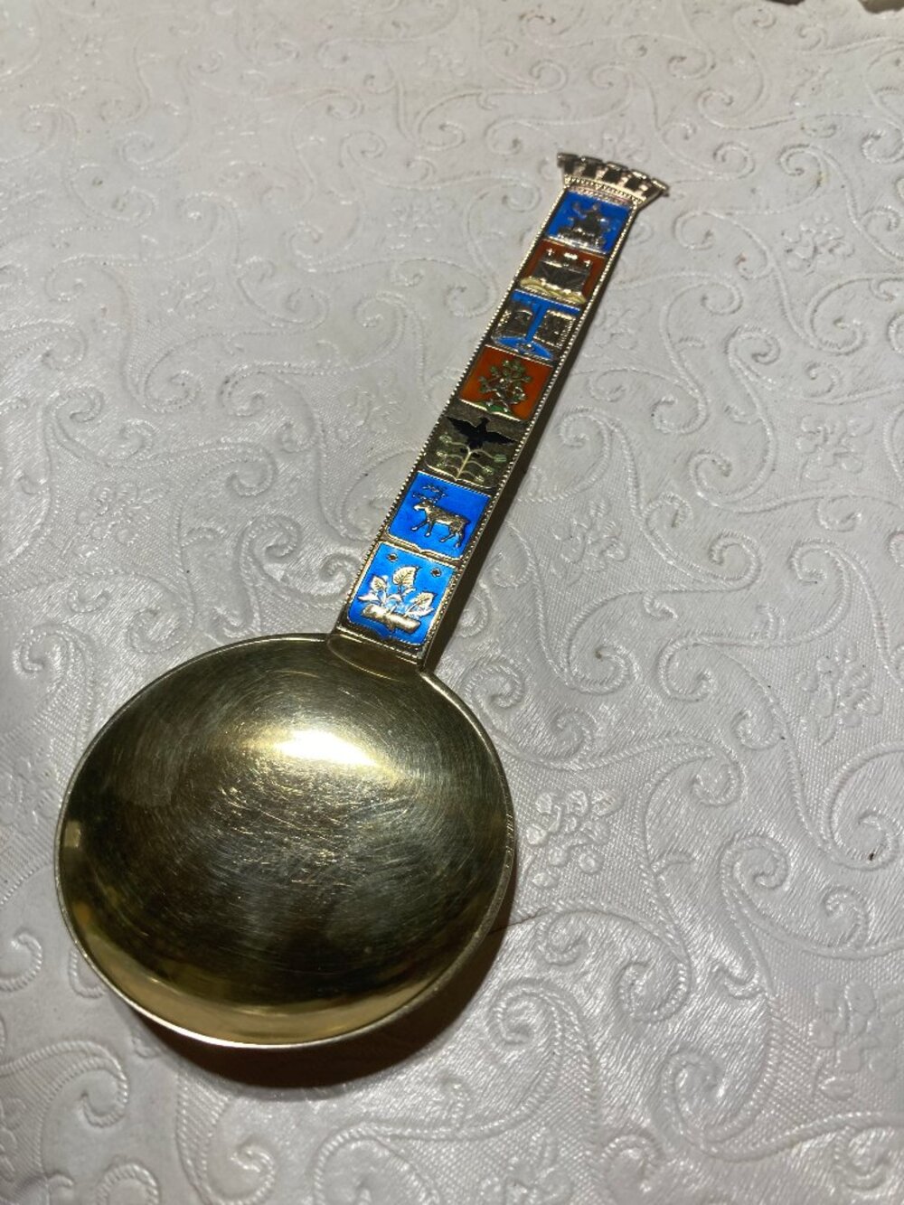 J.TOSTRUP 925S Sterling Totem Enamel Spoon 7 Images Gilded MINT Norway
